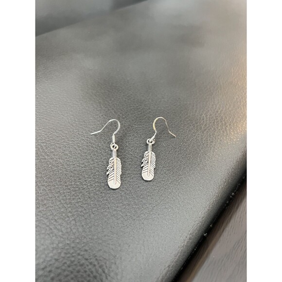 Feather Tiny Drop Hook Earrings .925 Sterling Silver Hook ~ Pewter Charm - Picture 4 of 4